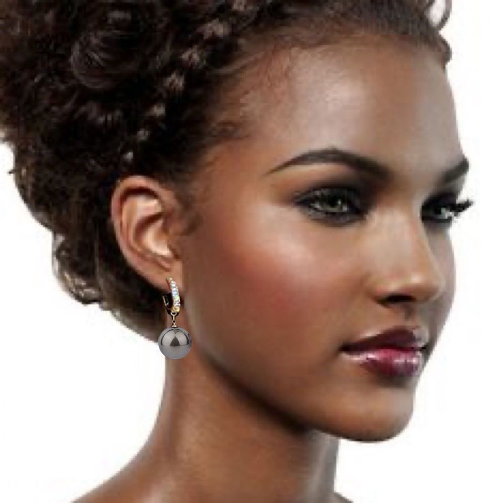 💎197💎 Oversized Black Gray Pearl &‎ Diamond Wedding Engagement Earrings
